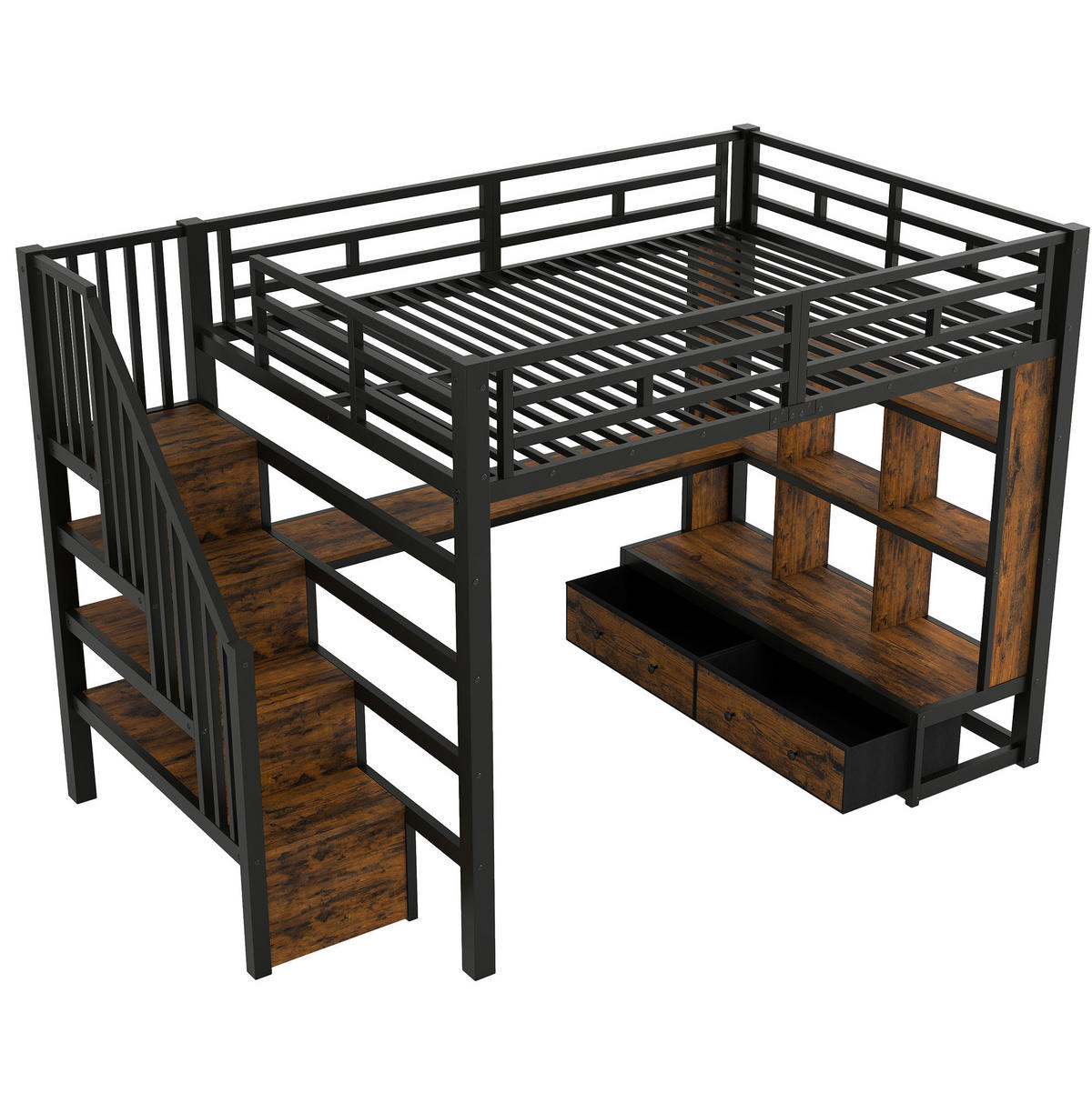 HOCHBETT 140/200 cm Schwarz mit Schreibtisch, Regalen und LED - Schwarz, Metall (140/200cm) - MIVRAY