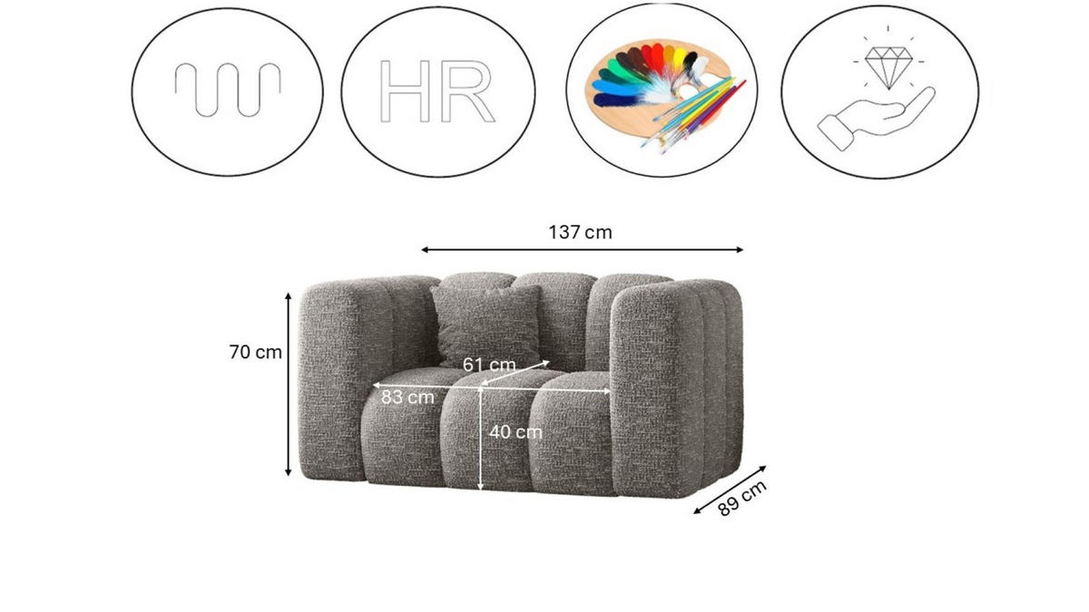 SESSEL Sofa Grand modular stoff Haga Grau - Grau, Holz (137/70/89cm) - Kaiser Möbel