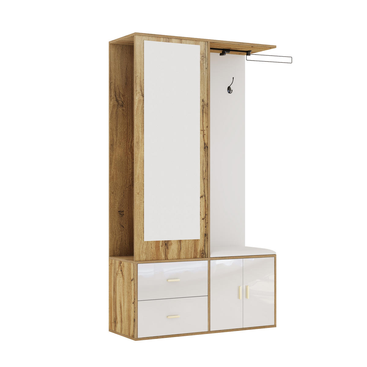 SCHUHSCHRANK aus Spanplatte 100x38x180cm in Weiß & Natur mit Spiegel - Naturfarben, Holzwerkstoff (100/180/38cm) - Modfu