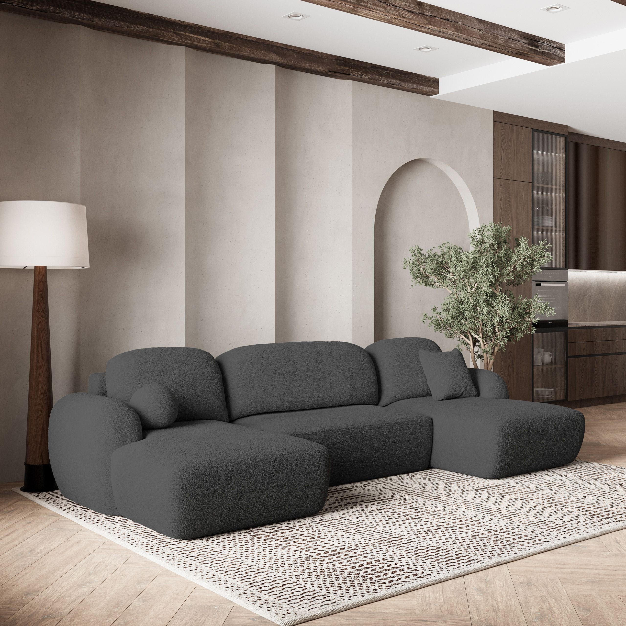 WOHNLANDSCHAFT SAVONA N Grau Boucle-Stoff mit Schlaffunktion - Grau, Holz (350/90/148cm) - MASSENO