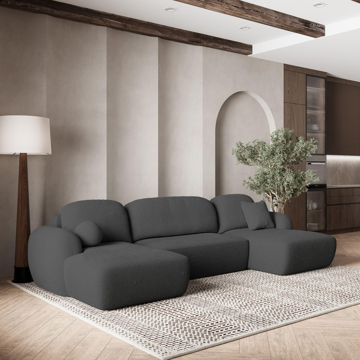 WOHNLANDSCHAFT SAVONA N Grau Boucle-Stoff mit Schlaffunktion - Grau, Holz (350/90/148cm) - MASSENO