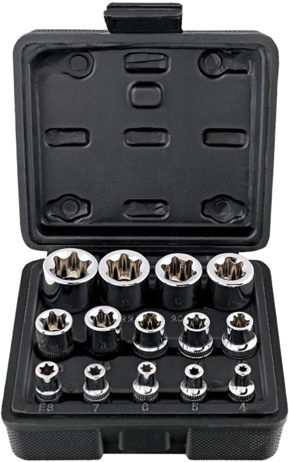 STECKSCHLÜSSELSATZ - 14-teiliger Steckschlüsselsatz Typ E in Blütenform mit Aufbewahrungsbox (schwarz) - Schwarz, Metall (13/12/5.5cm) - DCA