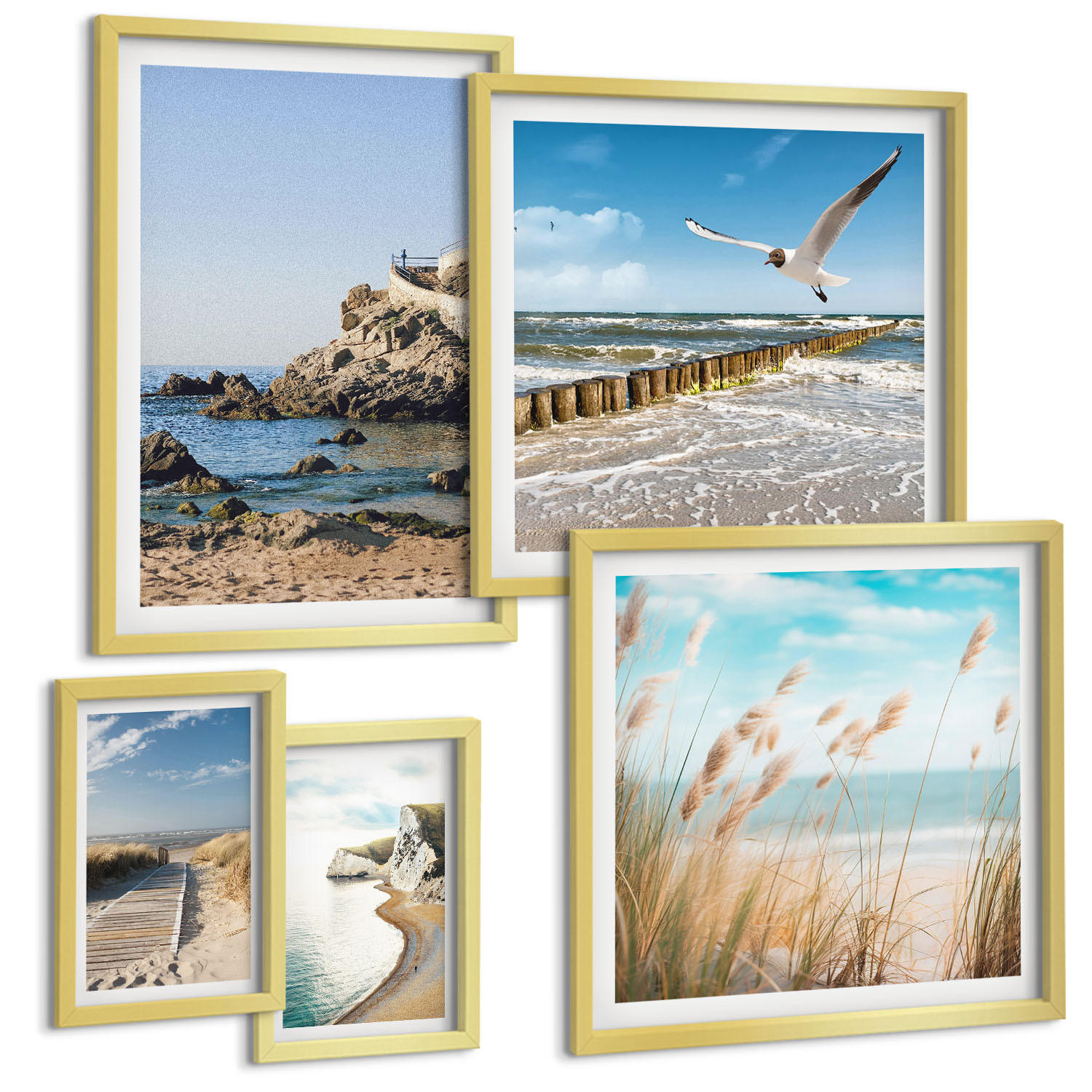 BILDER SET 5er Set - 50x50 cm & 20x30 cm & 40x60 cm Goldrahmen - Tropische türkisfarbene Inseln - Goldfarben, Kunststoff (40/60cm) - TULUP