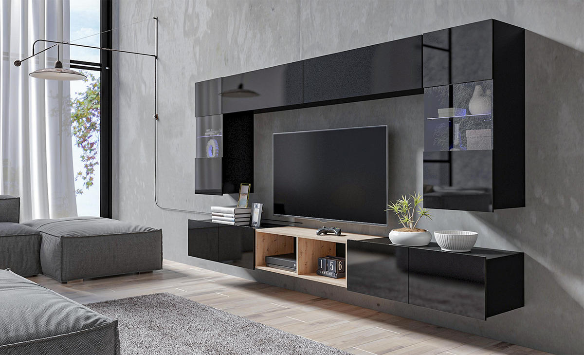 WOHNWAND Kossana 24 Modern Schwarz/Goldene Eiche 300/154/43 cm Wohnzimmermöbel - Schwarz, Holzwerkstoff/Kunststoff (300/157/43cm) - AX Living