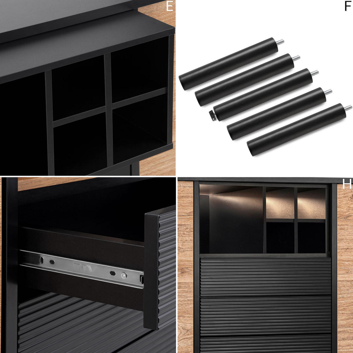 KOMMODE LOFTY Weineinlage, schwarz / Eiche natur - Eichefarben/Schwarz, Holzwerkstoff (151/84/41cm) - KONSIMO®