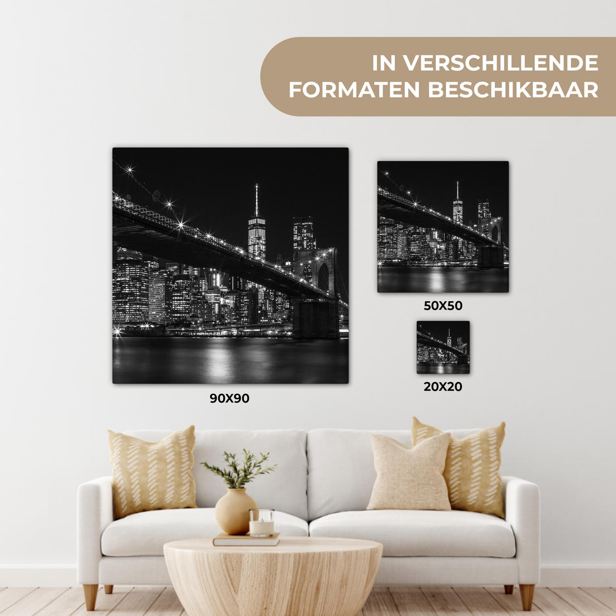 LEINWANDBILD New York - Brooklyn - Brücke Wandbild Wohnzimmer 50x50 cm - Schwarz, Textil (50/50cm) - MuchoWow