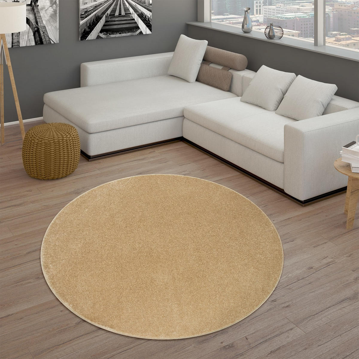 KURZFLORTEPPICH Waschbar, einfarbig, Gold, Ø 160 cm - Goldfarben, Textil (160/160cm) - KADIMA DESIGN