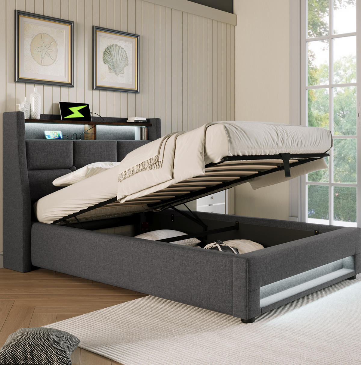 POLSTERBETT mit USB und LED 90x200 cm Leinen Grau mit Matratze - Grau, Metall (90/200cm) - Meubliv