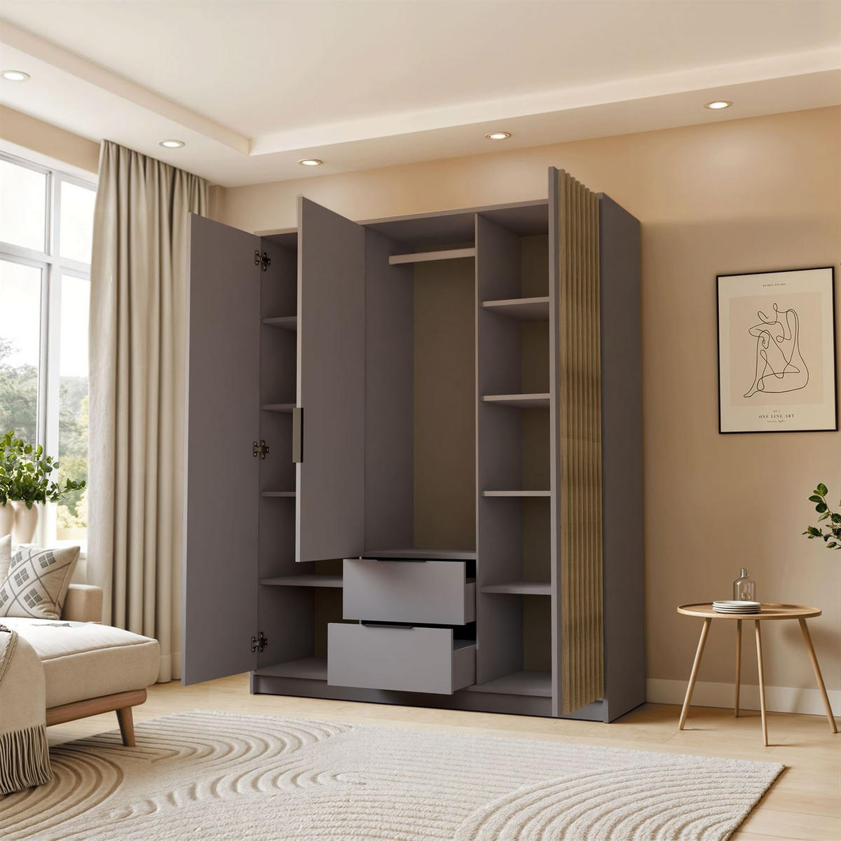 KLEIDERSCHRANK NELA, dreitürig mit Lamellen, 155 cm, Grau/Artisan - Grau, Holzwerkstoff (155/200/51cm) - Lookway