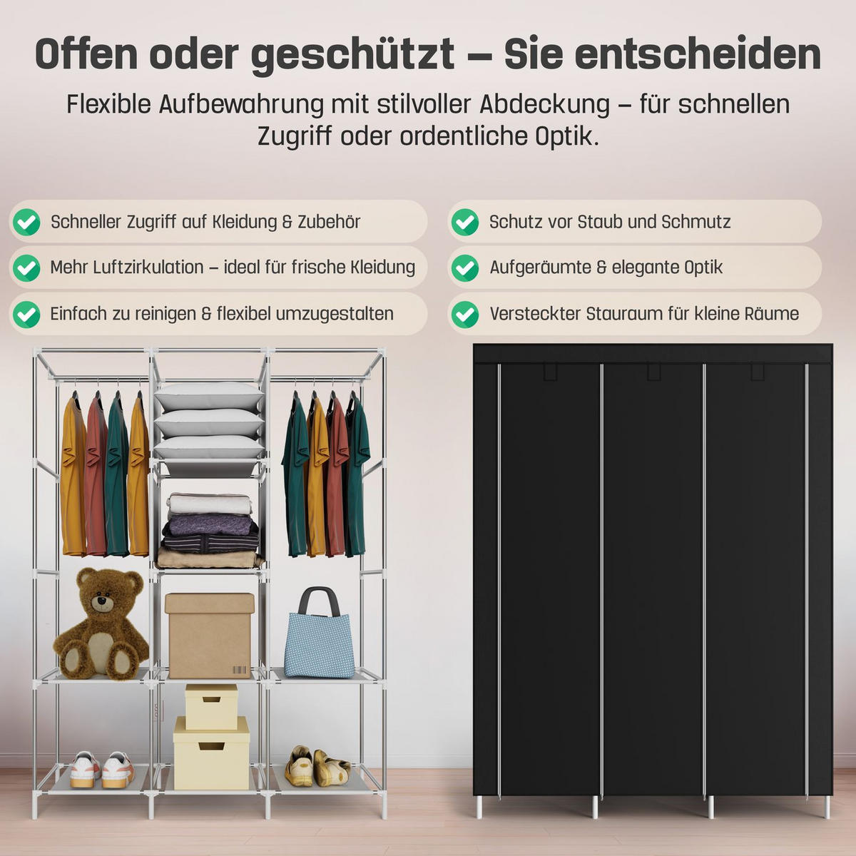STOFFSCHRANK Kleiderschrank, 2 Kleiderstangen, 130/45/175 cm, Farbe: Schwarz - Schwarz, Textil (45/175/130cm) - Coemo