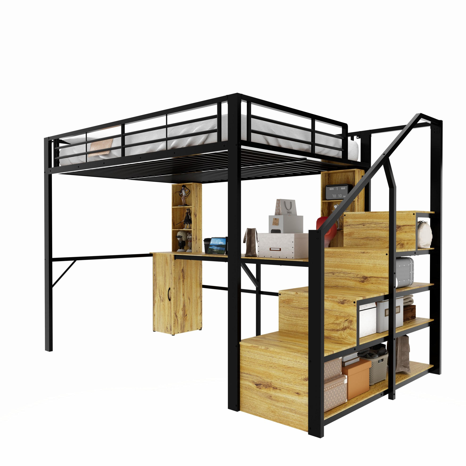 HOCHBETT Metall/MDF 140x200 cm Schwarz mit Schreibtisch, Schrank, Stauraumtreppe und USB-Anschluss - Schwarz, Metall (140/200cm) - Modfu