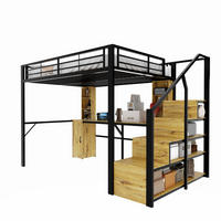 HOCHBETT Metall/MDF 140x200 cm Schwarz mit Schreibtisch, Schrank, Stauraumtreppe und USB-Anschluss - Schwarz, Metall (140/200cm) - Modfu