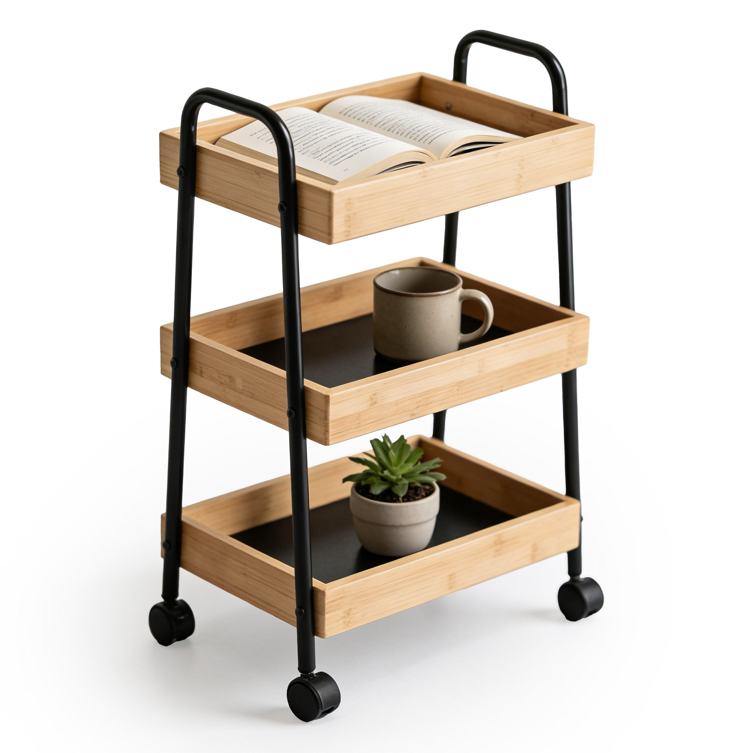 CARUCIOR Natur negru bambus metal 3 rafturi