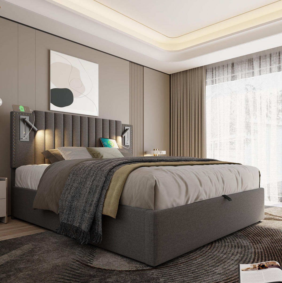 POLSTERBETT 180/200 cm mit Bettkasten, Leselicht und USB-C in Grau - Grau, Textil (180/200cm) - BEAOK