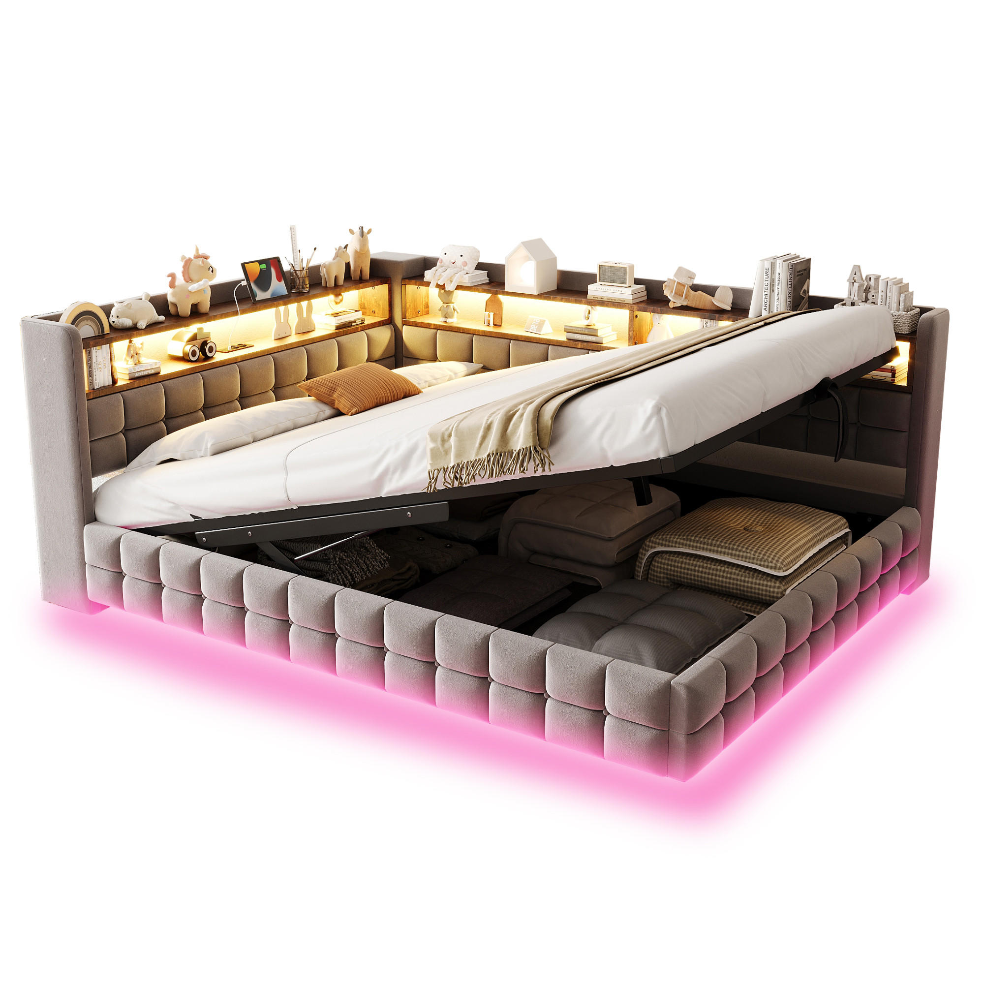 POLSTERBETT Hellgrau 140×200cm mit hydraulischem Stauraum, Holzregal, LED-Lichtleiste und Ladeanschlüssen - Hellgrau, Textil (140/200cm) - Luhomfu