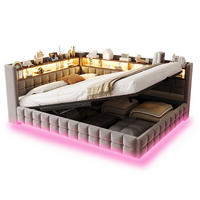 POLSTERBETT Hellgrau 140×200cm mit hydraulischem Stauraum, Holzregal, LED-Lichtleiste und Ladeanschlüssen - Hellgrau, Textil (140/200cm) - Luhomfu