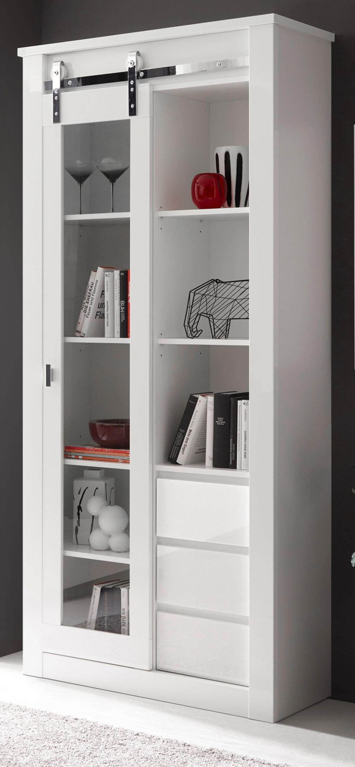 VITRINE weiß Hochglanz 93 x 201 cm, Vitrinenschrank mit Soft-Close - Chromfarben/Weiß Hochglanz, Glas/Holzwerkstoff (93/201/38cm) - Furn.Design