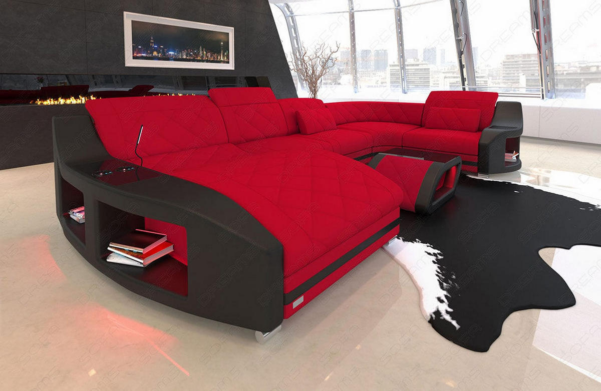 WOHNLANDSCHAFT Stoff Sofa Swing U Form Rot Schwarz Mikrofaserstoff - Rot, Kunststoff (404/90/220cm)