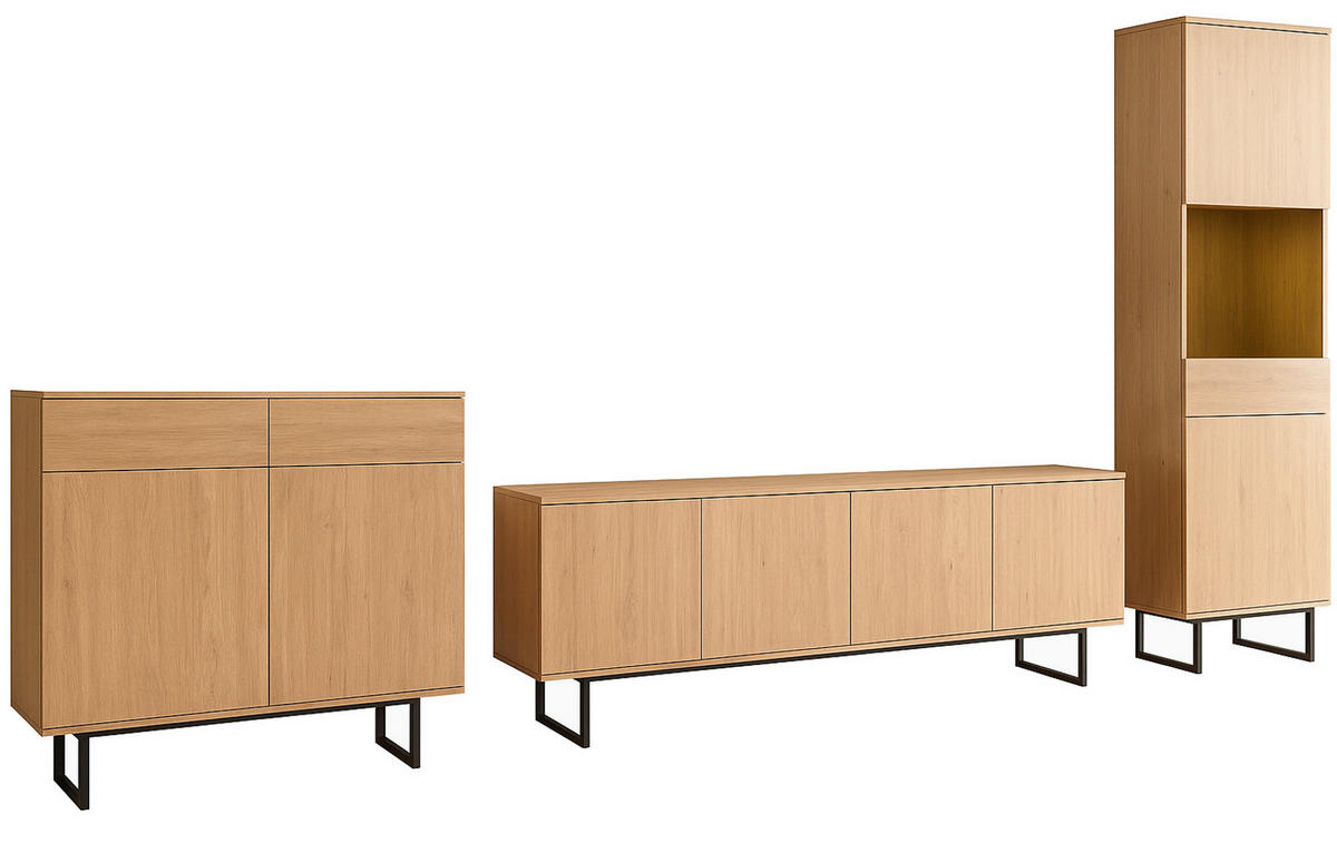 WOHNWAND Stone Eiche, Wohnkombination 3-teilig 400 cm, mit Push-to-Open - Eichefarben/Schwarz, Holzwerkstoff/Metall (400/200/40cm) - Furn.Design