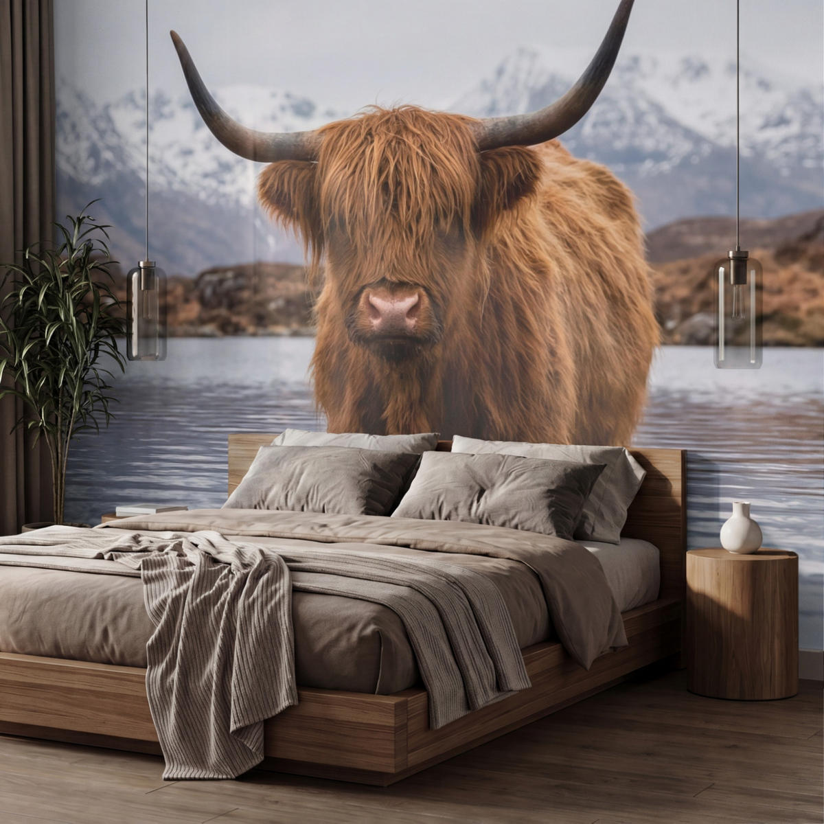 TAPETE - Schottischer Hochländer - Braun - Wasser - 350x240 cm - Braun, Papier (350/240cm) - OnlyWow