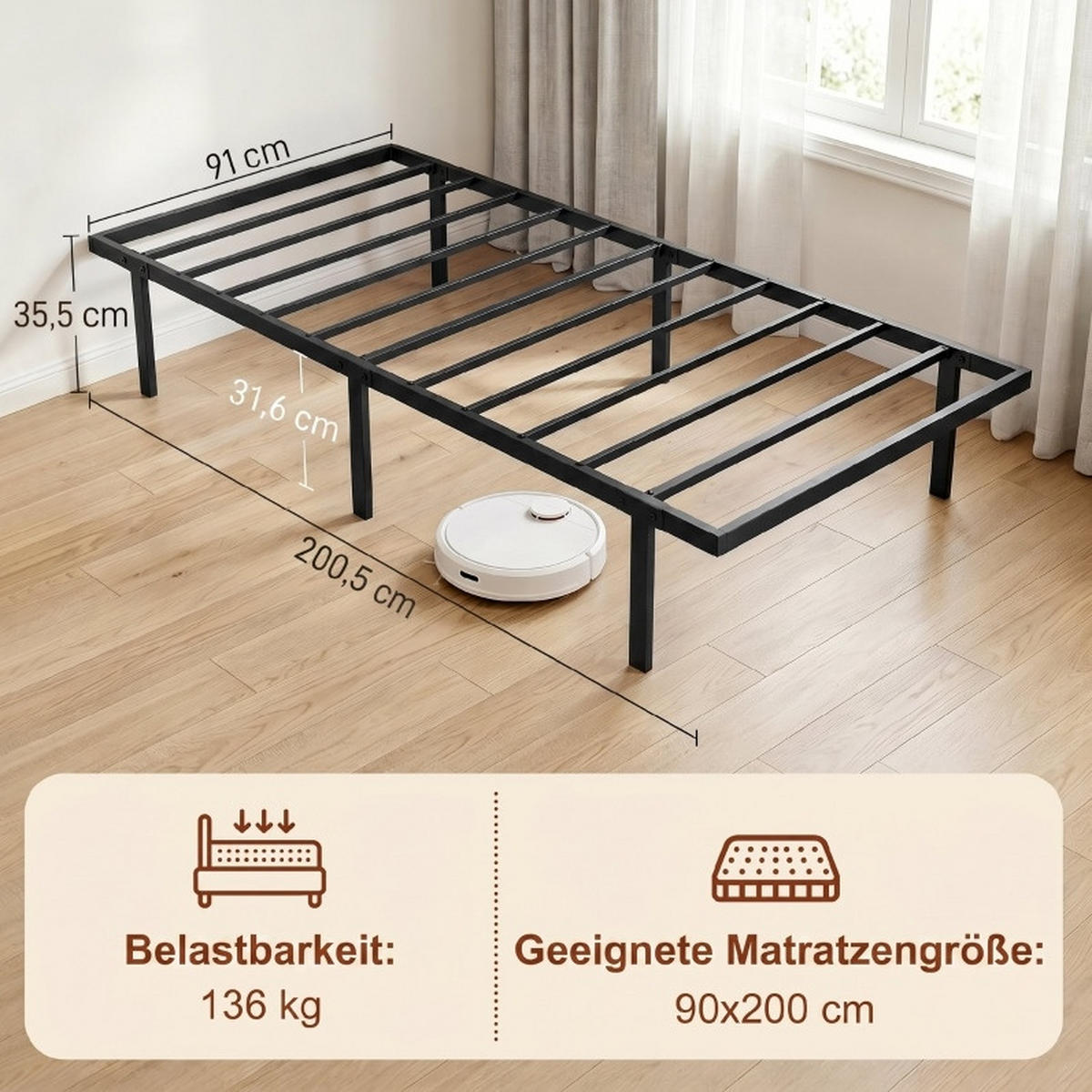 BETT 90 x 200 cm aus Metall in Schwarz mit Stauraum und ohne Kopfteil - Schwarz, Metall (90/200cm) - Flora Grace