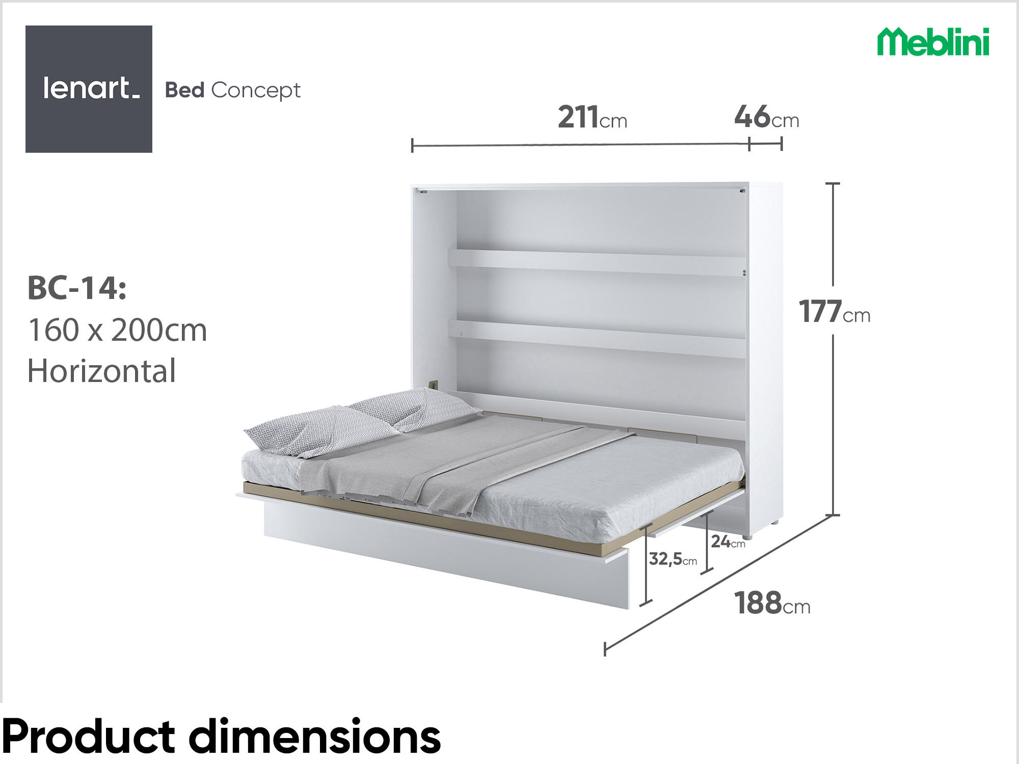 SCHRANKBETT BC-14 - 160x200cm Horizontal - Weiß Mat - Weiß, Holzwerkstoff (200/160cm) - Meblini