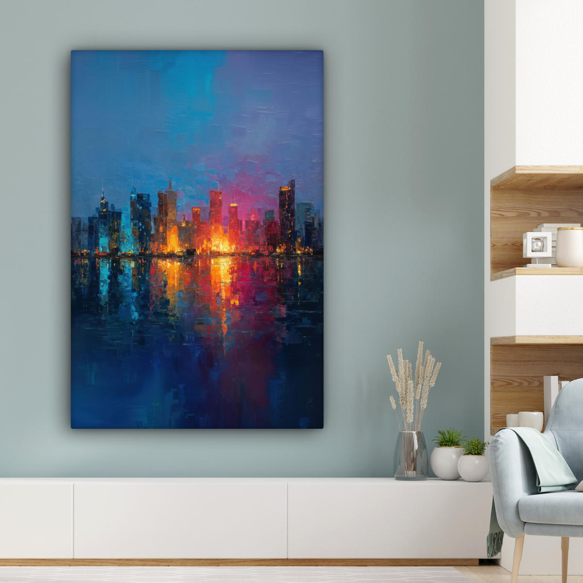 LEINWANDBILD Skyline - Pinselstriche - Dunkelblau - Leuchtend Deko XXL 80x120 cm - Blau, Textil (80/120cm) - MuchoWow