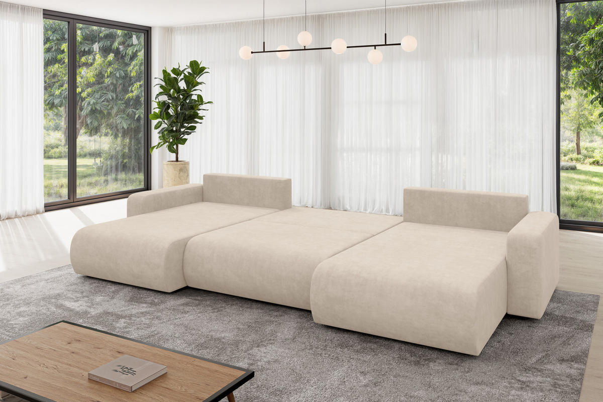 SEDACÍ SOUPRAVA DO U s funkcí spaní a úložným prostorem BERY-U 377x193x88 béžová velur - černá/Sahara, kompozitní dřevo/textil (377/88/193cm) - ALTDECOR