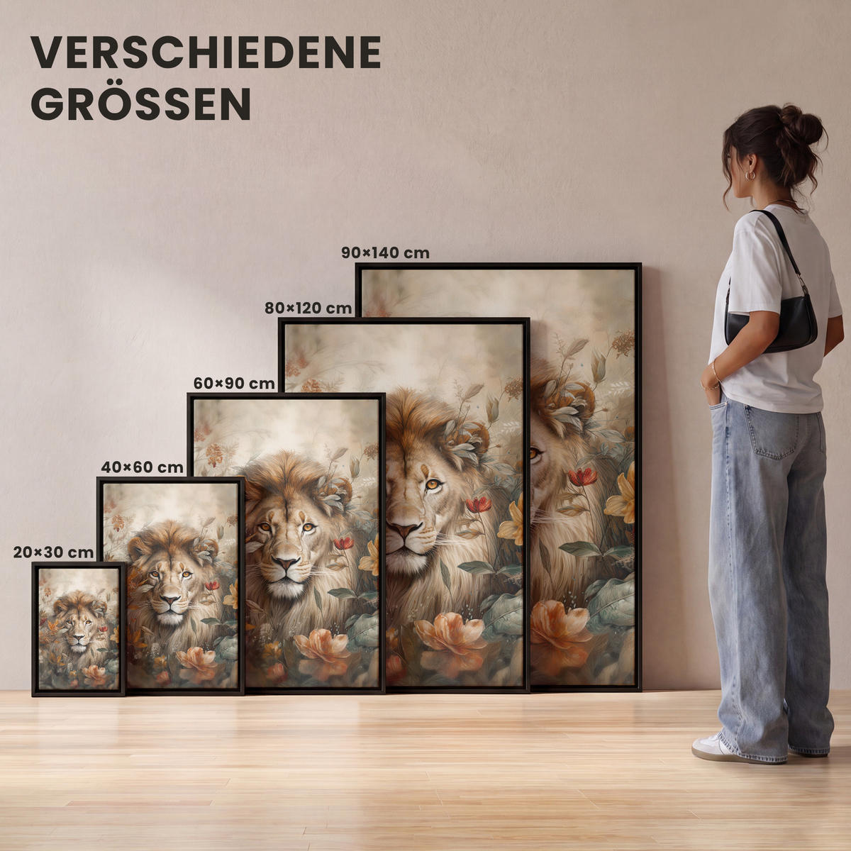 LEINWAND Bilder mit Rahmen - Löwe - Wildtiere - Pflanzen - Natur - Blumen - 90x140 - Beige, Textil (90/140cm) - MuchoWow