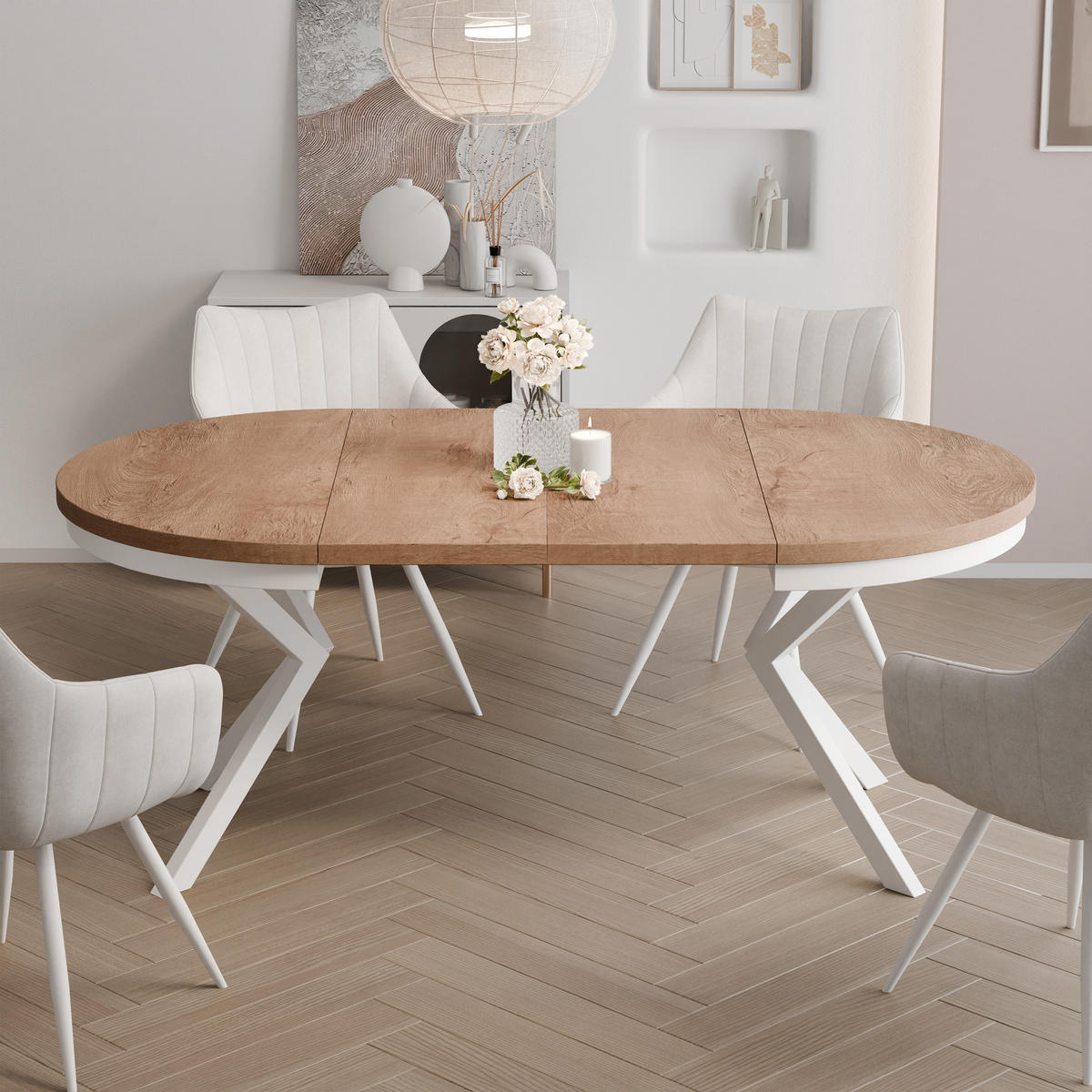 AUSZIEHTISCH MILTON 120-196/76 cm mit Metallgestell, Weiß / Lefkas-Eiche - Eichefarben/Weiß, Holzwerkstoff/Metall (120/120/76cm) - Idohome