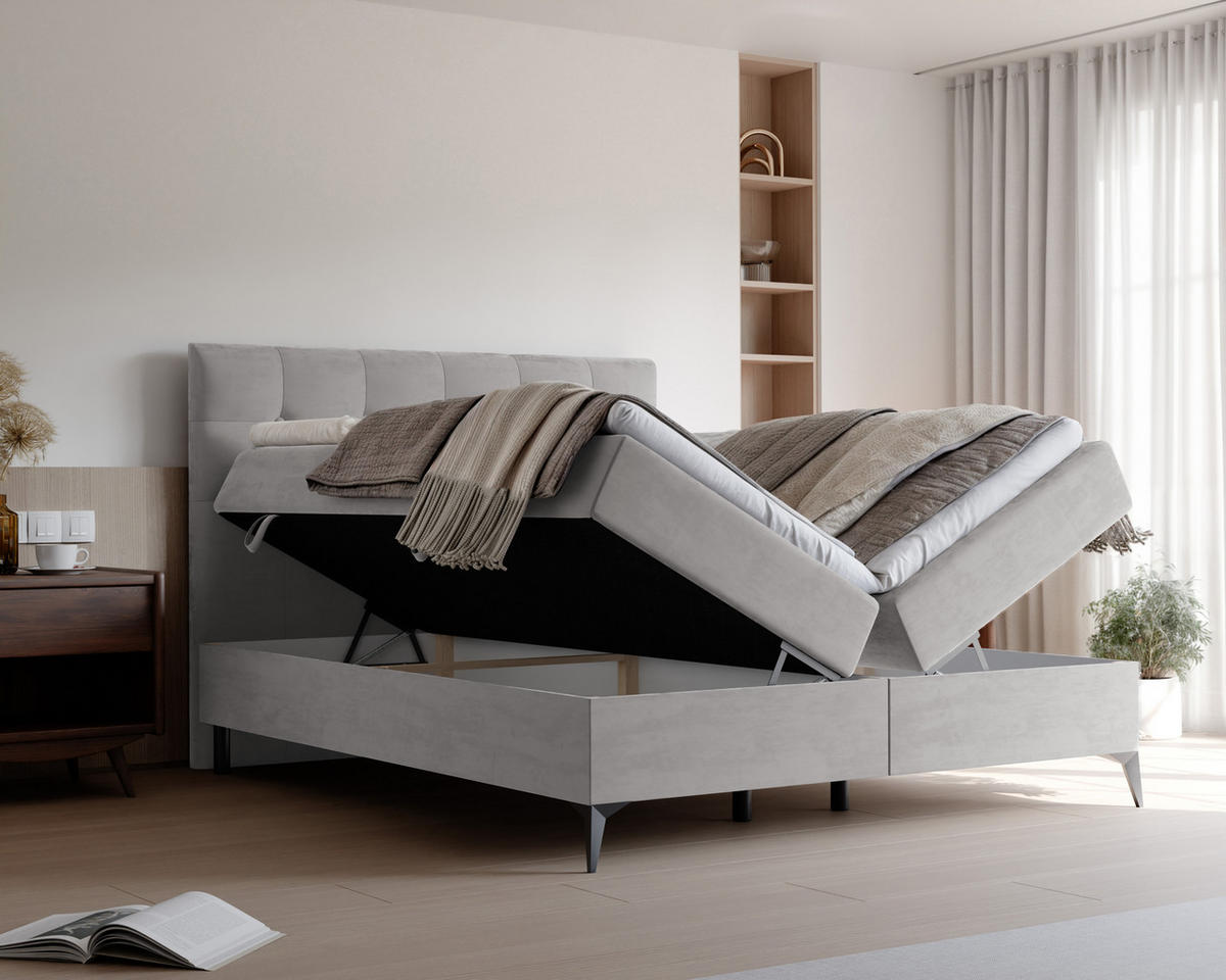 BOXBETT BAILEY 180/200 cm mit Matratze und Topper, Grau - Grau, Holzwerkstoff/Textil (180/200cm) - Idohome
