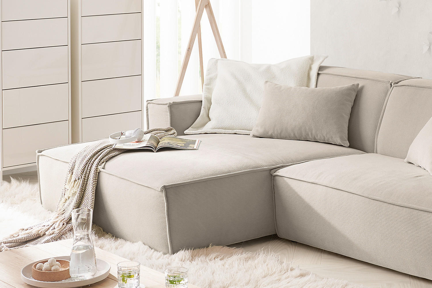 ECKSOFA SAMU Beige Cord - Beige/Schwarz, Textil (276/168cm) - KAWOLA