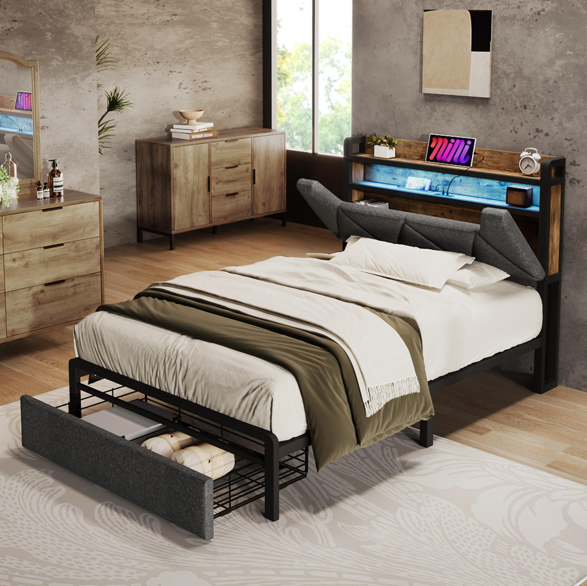 POLSTERBETT 90/200 cm mit LED, USB-C, Stauraum-Kopfteil, Schublade und Matratze, Grau - Grau, Textil (90/200cm) - Redom
