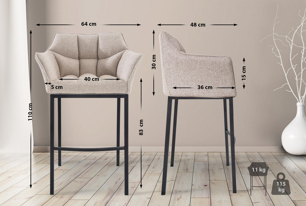 BARHOCKER 2er Set Stoff elfenbein - Creme/Schwarz, Textil/Metall (64/110/48cm) - CLP