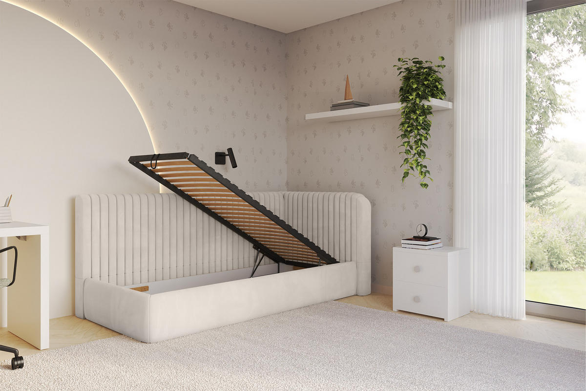 EINZELLBETT Jugendbett mit Bettkasten und Matratze H3/H4, Links - AURY 100x200 Beige - Ecru, Holzwerkstoff/Textil (100/200cm) - ALTDECOR