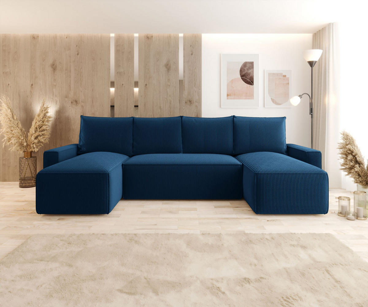 WOHNLANDSCHAFT mit Schlaffunktion SAVIO U Poso 05 - Dunkelblau, Textil (300/75/140cm) - Bedante