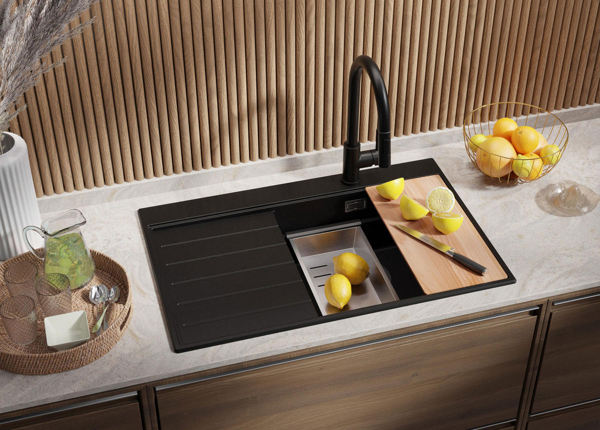 GRANITSPÜLE Sydney, 2-er set Schwarz 78/50 cm 1 Becken + Küchenarmatur 32/20 cm + Ablauf-Set + Küchenzubehörset ab 50er Unterschrank - Chromfarben/Beige, Kunststoff (78/20/50cm) - Primagran