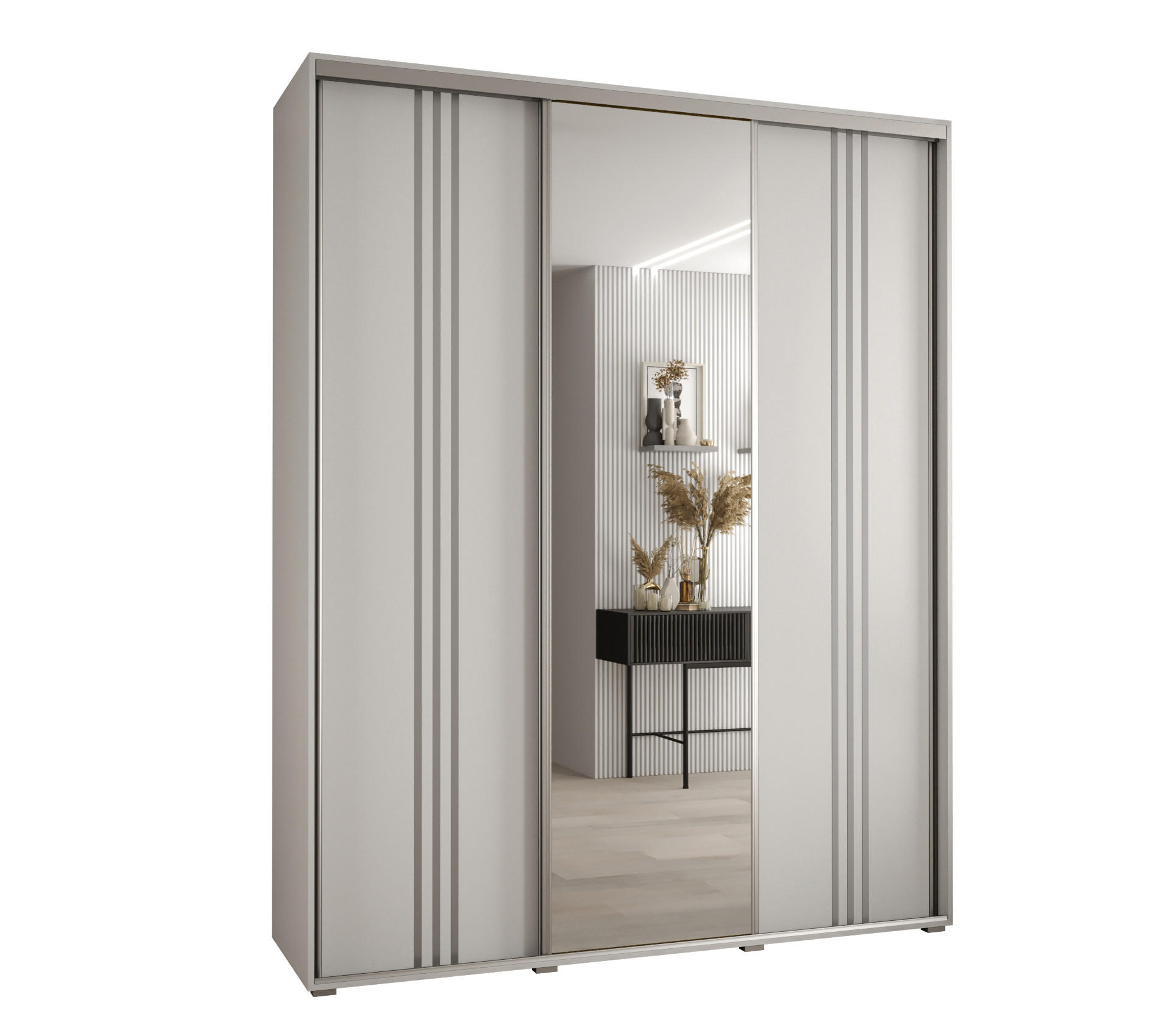 Abiks Möbel Schwebetürenschrank Weiß, Weiß, Silber 190x235x60 cm