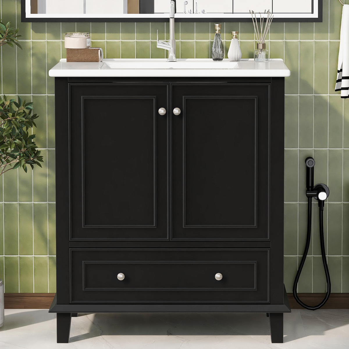WASCHTISCHKOMBI 73/45/87 cm Schwarz aus MDF und Keramik mit Stauraum - Schwarz, Holzwerkstoff (73/87/45cm) - OKMYHOME