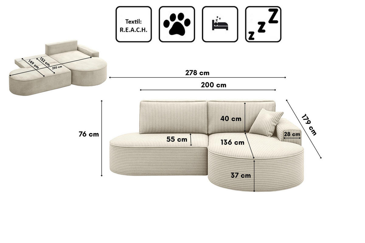ECKSOFA Modena Pro - Komfort Und Stil Stoff Poso Beige Rechts - Beige, Holz (278/179cm) - Kaiser Möbel