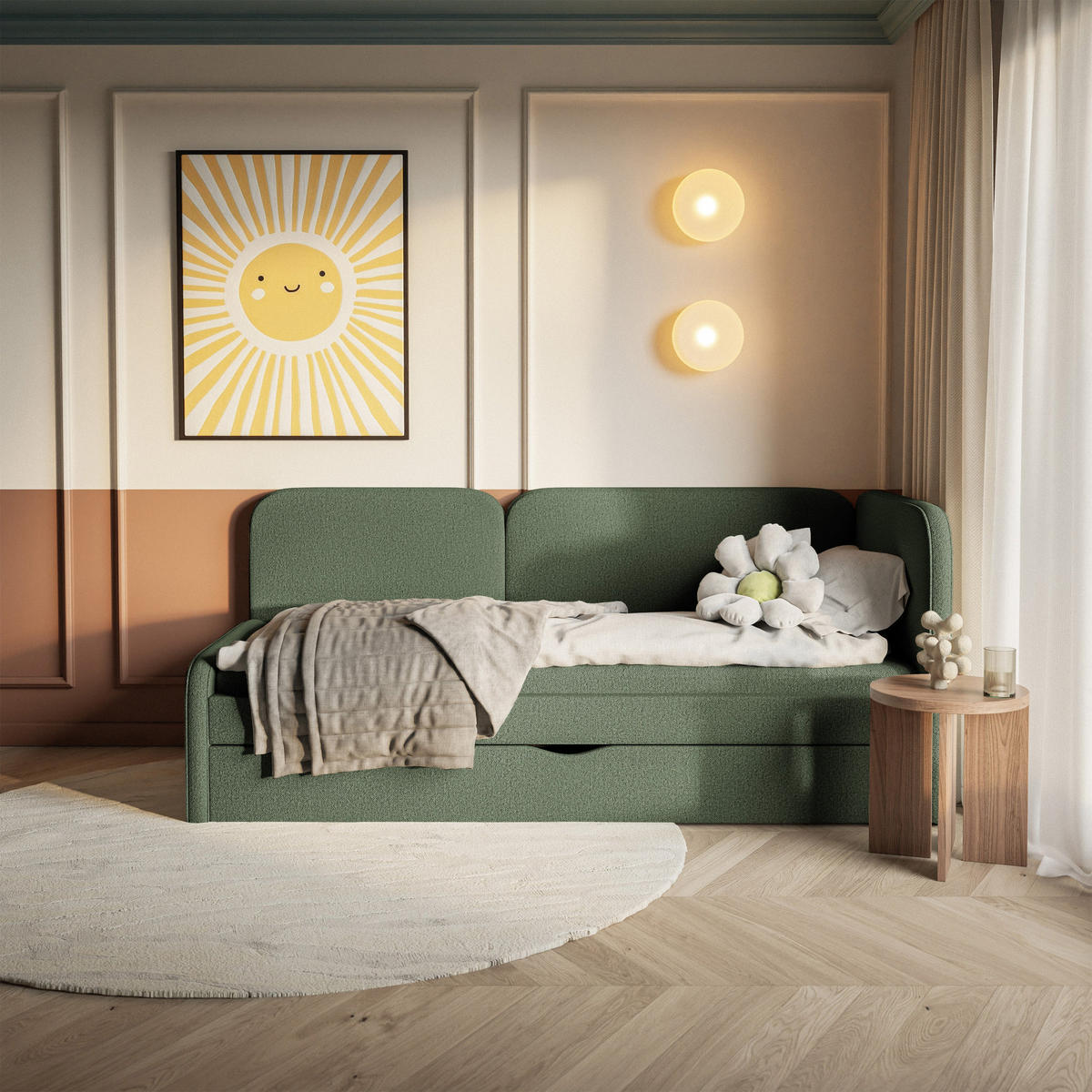 ČALOUNĚNÁ postel Cuddy, čelo vpravo, pletená látka olivová, 90x200 cm - černá/olivově zelená, textil/plast (90/200cm) - Selsey