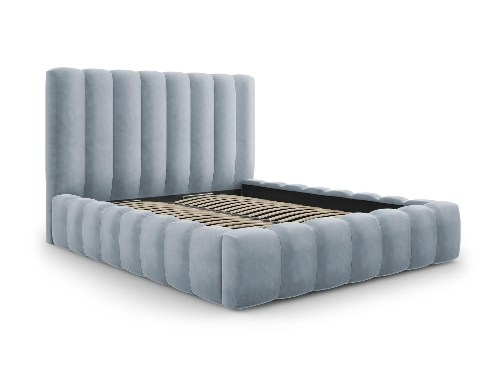 BETT mit Bettkasten und Kopfteil Kelp aus Samt hellblau 200x200cm - Hellblau, Textil (200/200cm) - Micadoni