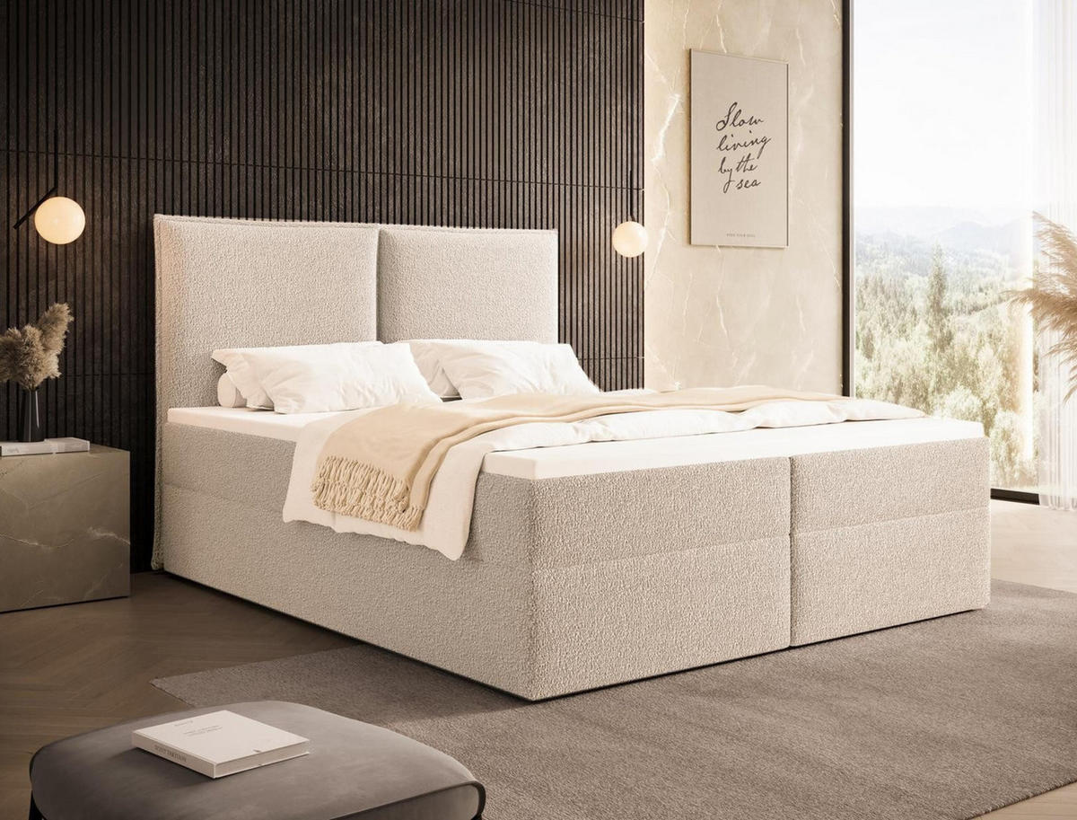 BOXBETT Hellbeige mit topper 120x200 PILLOW - Creme, Holzwerkstoff (120/200cm) - Compleo24