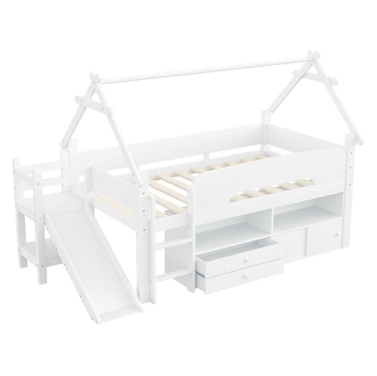 KINDERBETT 90/200 cm weiß aus Massivholz und MDF mit Rutsche und Stauraum - Weiß, Holzwerkstoff (90/200cm) - OKWISH