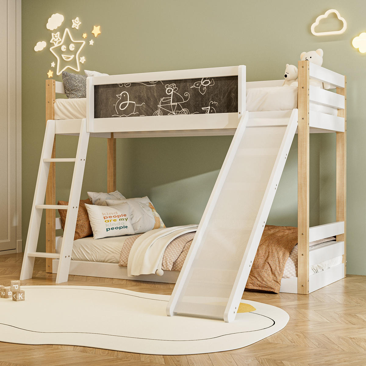 ETAGENBETT 200 x 90cm in Weiß mit Treppe und Rutschen - Weiß, Holz (90/200cm) - KOMHTOM
