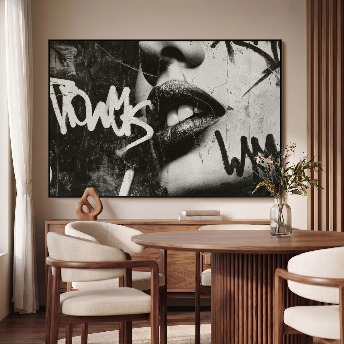 LEINWAND Bilder mit Rahmen - Gesicht - Mund - Graffiti - Schwarz - 140x90 - Schwarz, Textil (140/90cm) - MuchoWow