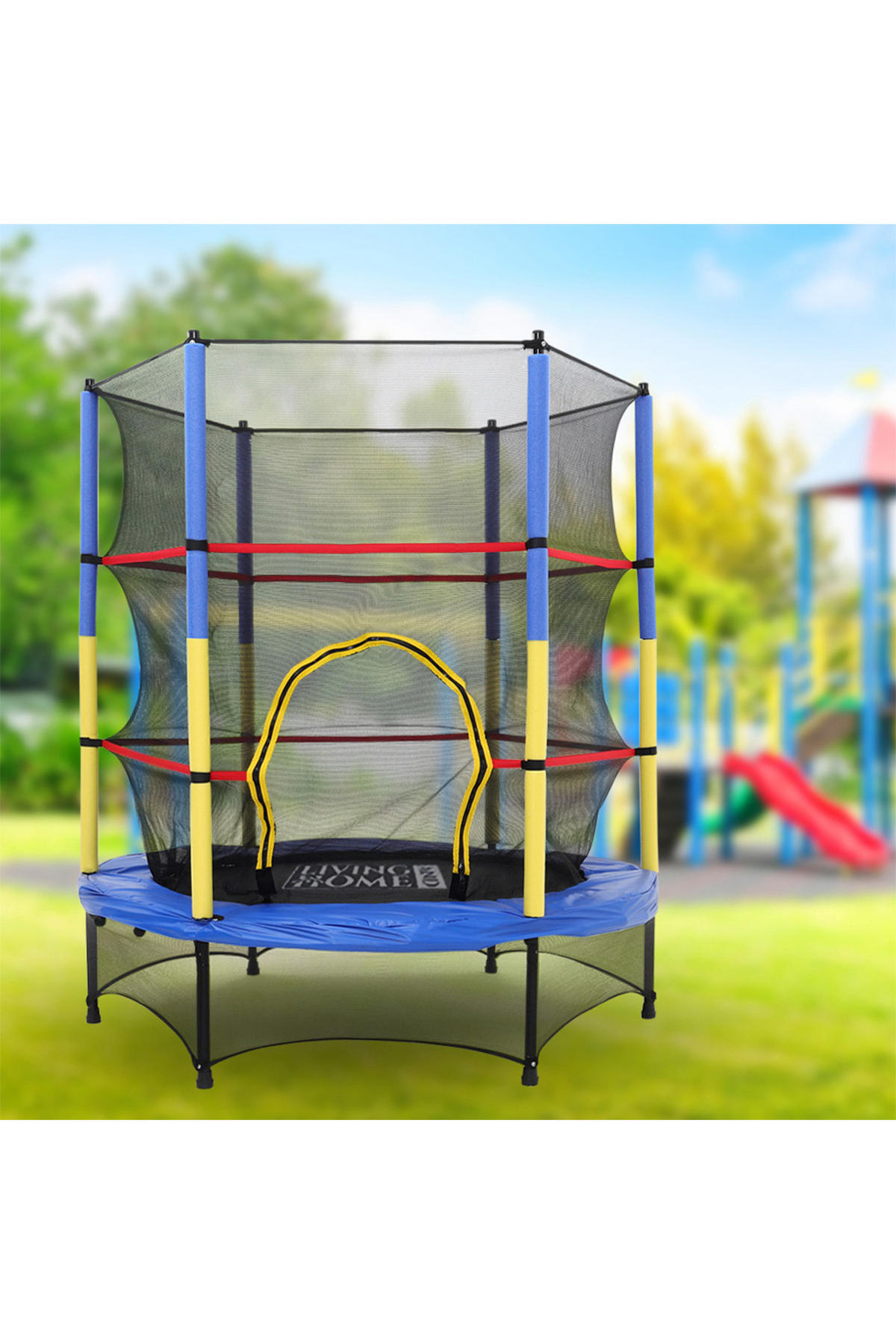 TRAMPOLIN mit Sicherheitsnetz aus Stahl, PP, EPE, Gummiseile in Blau + Gelb + Schwarz für Kinder 137.16 cm Durchmesser x 160 cm Höhe - Schwarz, Metall (137/137/160cm) - Livingandhome