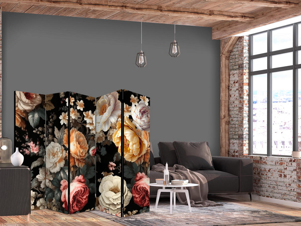 PARAVÁN Obojstranný 5-dielny 225x172 cm Pivonky v Retro Štýle - viacfarebná, drevo/textil (225/172/3cm) - Muralo