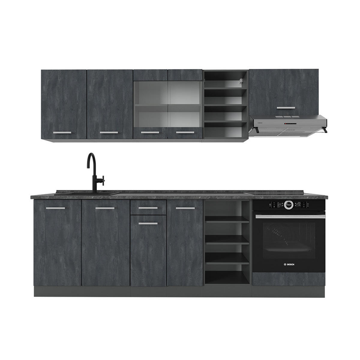 KÜCHENZEILE R-Line Schwarz Beton/Anthrazit 240 cm AP Anthrazit - Anthrazit/Schwarz, Holzwerkstoff (240/81.6/60cm) - Vicco