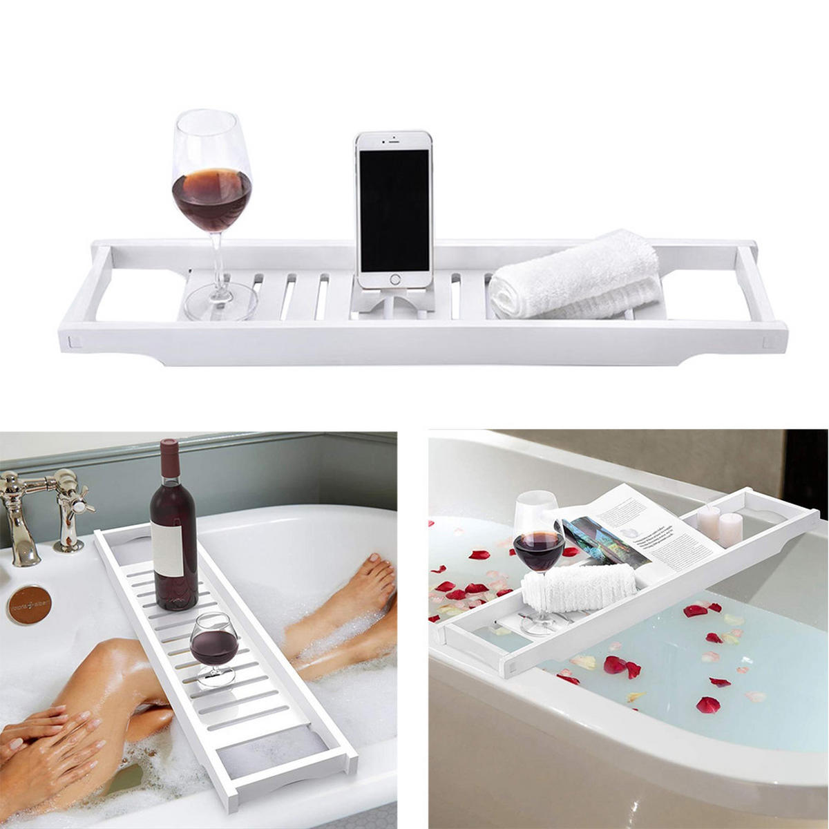 BADEWANNENABLAGE aus Bambus in Weiß Keine Montage erforderlich Ergonomisches Design 70 x 14,6 x 4,5 cm - Weiß, Holz (70/4.6/14.6cm) - Livingandhome